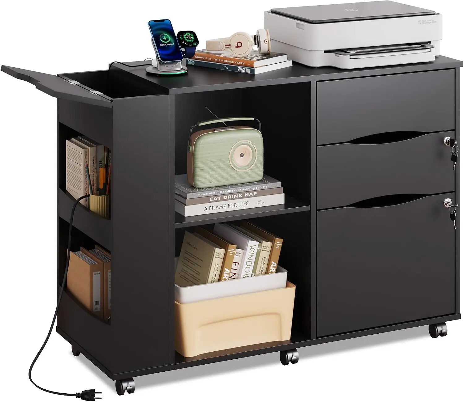 File Cabinet Lateral - Kast met slot, printerstandaard met oplaadstation