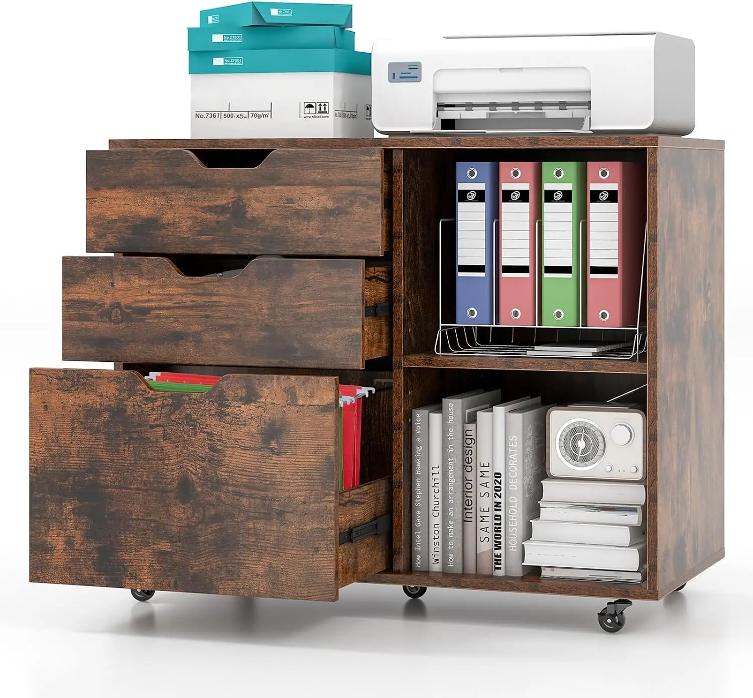 File Cabinet Lateral - 3-ladenkast, mobiele printerstandaardkast met verstelbare plank,